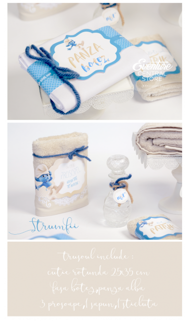 Trusou de botez cu broderie personalizata pentru baieti, Strumfii veseli 6